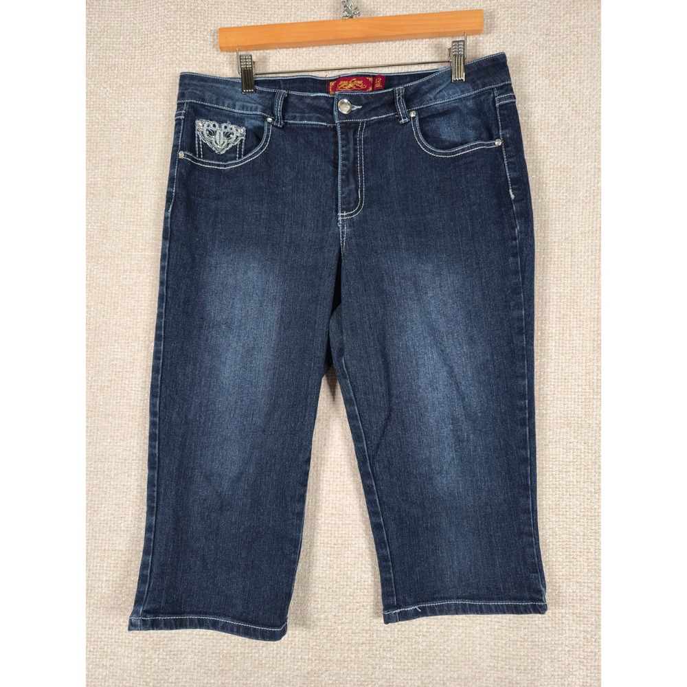 One 5 One Womens Dark Wash Embellished Rhinestone Capri Jeans Size 12‎